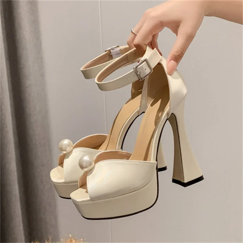 Eilyken Satin Bead Peep Toe Platform Heels - Ankle Strap Party Sandals