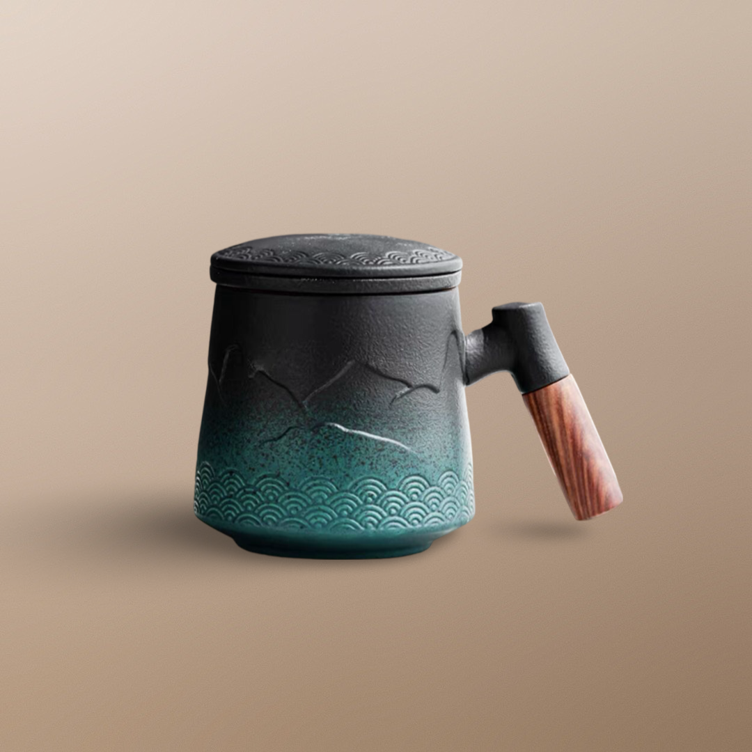 Summer SALE“Mountain” - Embossed Ceramic Tea Mug With Wooden Handle and Removable Infuser